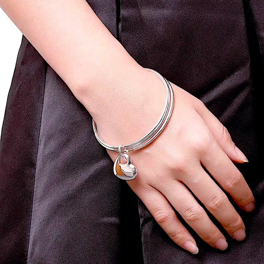 Sterling Silver Stackable Minimalist Heart Charm Three Piece Bangle Bracelet - Picture 4 of 6